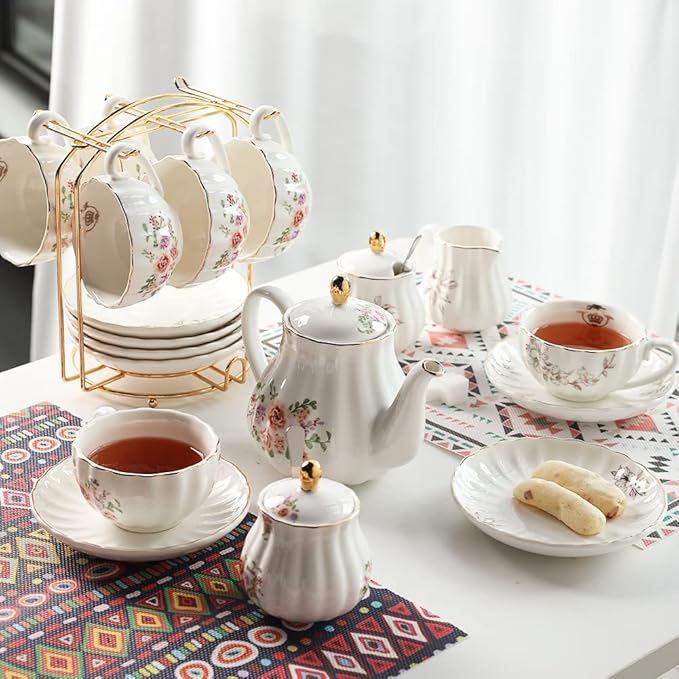 Porcelain Tea Sets British Royal Series, 8 OZ Cups & Saucer Service for 6, with Teapot Sugar Bowl Cream Pitcher Teaspoons and Tea Strainer, Suitable for High Tea, Wedding, Party（Morning glory）