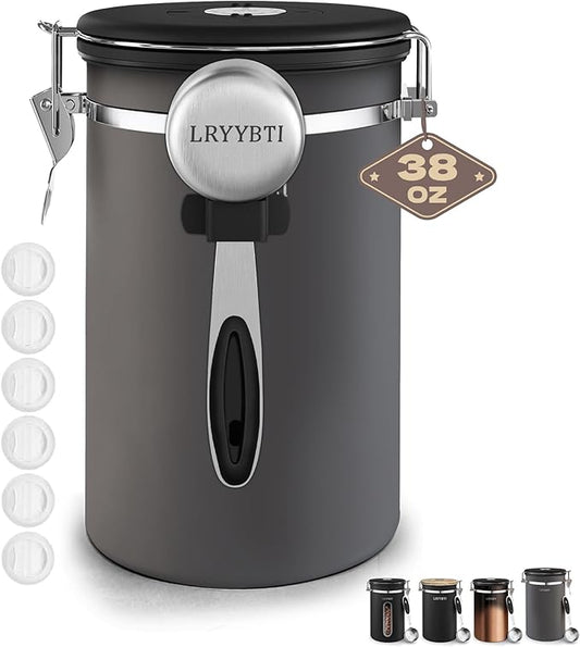 38oz Airtight Coffee Canister,Stainless Steel Coffee Bean Storage Container with Scoop Date Tracker & CO2 Release Valve for Beans, Grounds and more- Gray
