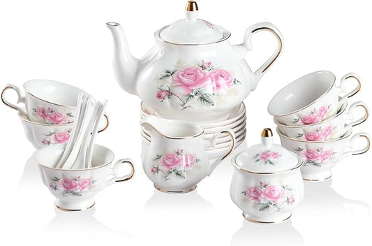 Sweejar Porcelain Tea Sets, Vintage British Floral Relief Gold Rimmed Teapot Cup and Saucer Set, Tea Set Service for 6, with Teapot, Sugar Bowl, Milk Jug, Spoons, Tea Cup and Saucer (Pink Flower)
