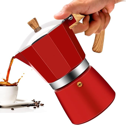 3 Cup Aluminum Moka Pot Classic Stovetop Espresso Coffee Maker 150ml 5oz Coffeemaker Percolator Mocha Pot Greca Coffee Maker Cafe Makers for Italian and Cuban Café Brewing Red