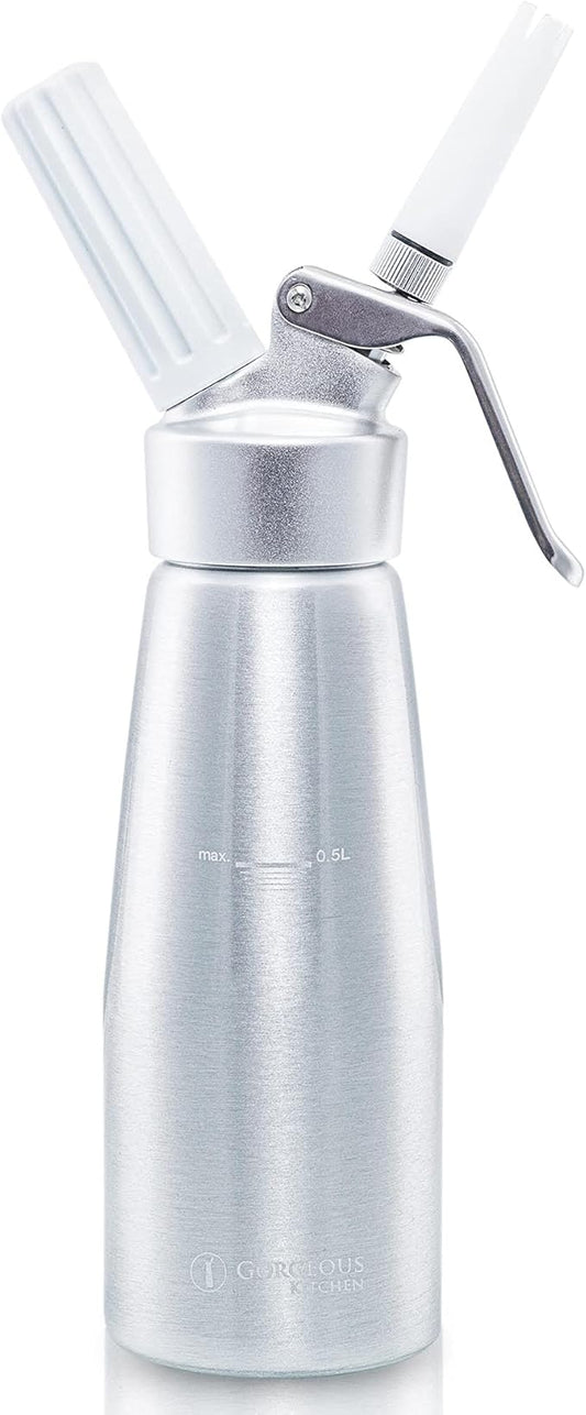 Professional Whipped Cream Dispenser 1 Pint Aluminum Cream Whipper, Durable Stainless Steel Coffee Spoon, 3 Decorating Nozzles, Charger Holder and Cleaning Brush (N2O Cartridge not Included)