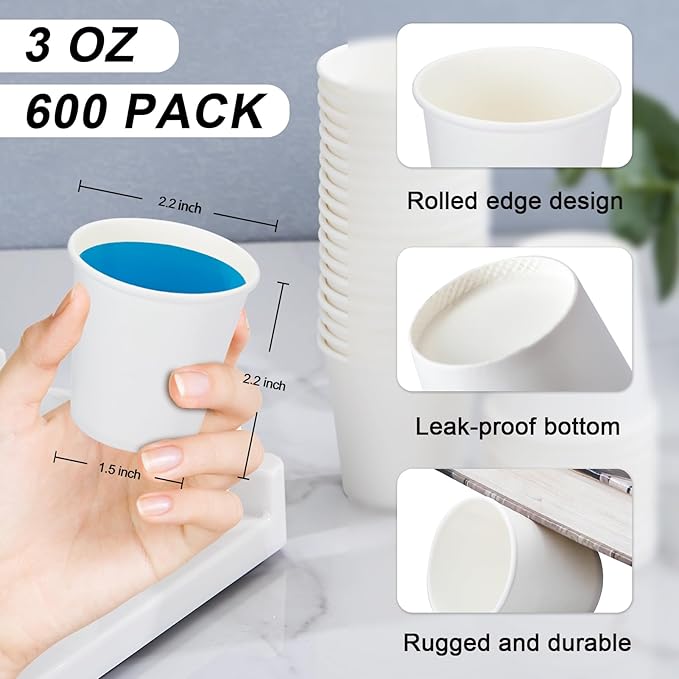 600 Pack 3 oz Paper Cups, Disposable Bathroom Cups, Small Mouthwash Cups, White Paper Cups, Hot/Cold Beverage Drinking Cup for Bathroom, Home, Party, Office, Picnic, Travel and Events