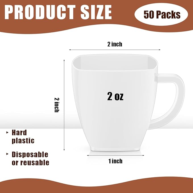 Amyhill 50 Pcs Disposable Tea Cups Mini Plastic Tea Cup Bulk with Handle Hard Plastic Coffee Mug Disposable Square Espresso Mug for Party Catering (White)