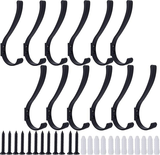 12 Pack Hanging Coat Hooks Wall Mount, Coat Hanger Wall Hangers, Metal Hooks for Hanging Heavy Duty, Screw in Hooks for Hanging Towels, Clothes, Backpack, Hat, Bag, Jacket, Key, Robe, Backpack Black