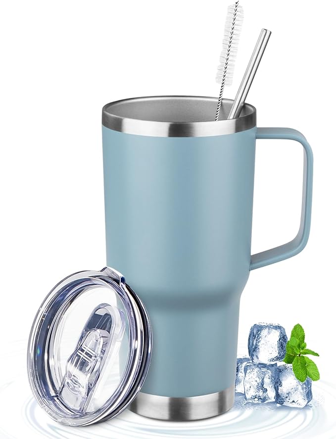 20oz Insulated Tumbler with Handle Stainless Steel Travel Coffee Mug with Lid and Straw Double Wall Vacuum Leak-proof Reusable Thermal Water Cup for Hot and Cold Drinks (Glacier blue,1 Pack)