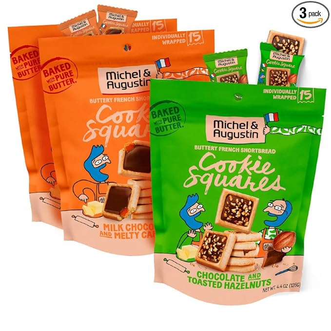 Michel et Augustin Cookie Bag Variety Pack 2 Flavor – Milk Chocolate & Caramel + Milk Chocolate & Hazelnut, 15 Cookies per Bag