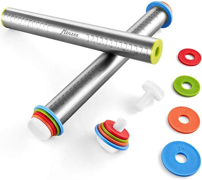 Rolling Pin and Silicone Baking Pastry Mat Set, Stainless Steel Dough Roller, Rolling Pins with Adjustable Thickness Rings, for Baking Fondant, Pizza, Pie, Pastries, Pasta, Cookies