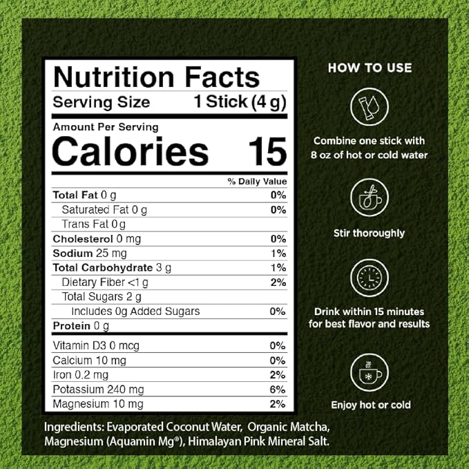 VitaCup Hydration Matcha Instant Packets, for Natural Energy and Detox, w/Electrolytes, Ceremonial Grade Organic Matcha, Coconut Water, Pink Himalayan Salt, Magnesium, in Single Serve Sticks, 40 Ct