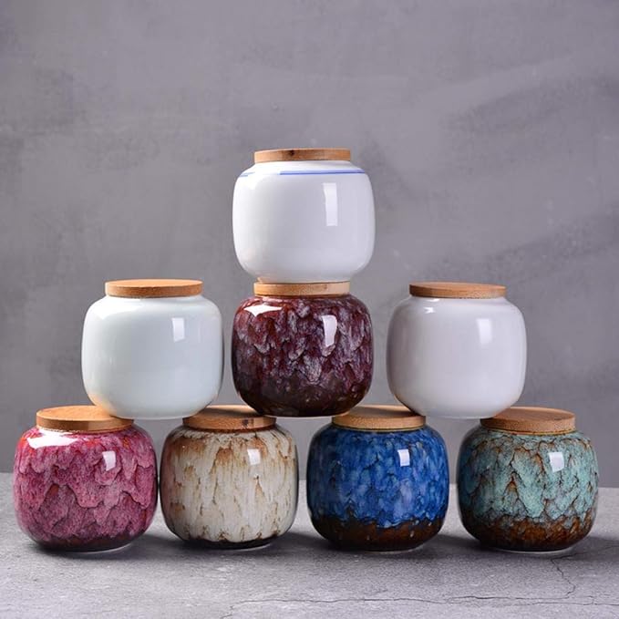 Gets Traditional/Vintage Chinese Style Ceramic Storage Jars with Bamboo Lid, Tea Tins Cans Canister for Kitchen Spice, Tea, Coffee, Condiment (Light blue)