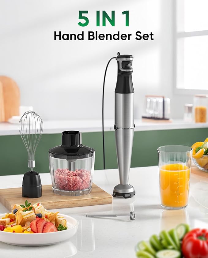 Immersion Blender Handheld 5 IN 1 Set 1100W, Hand Blenders Hand Mixer with Whisk, Chopper, Beaker, Egg Beaters, Stainless Steel Scratch Resistant
