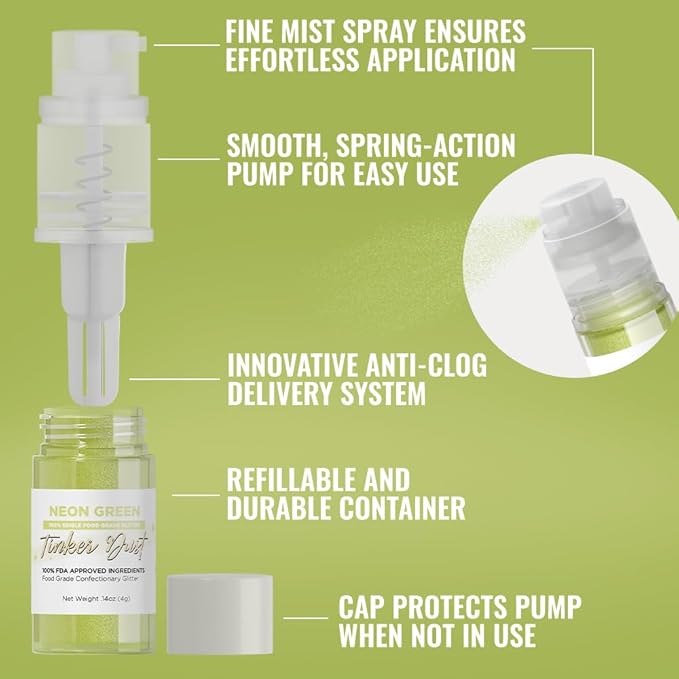 Bakell - Neon Green Tinker Dust (4g, 1x Mini Spray Pump) Edible Glitter for Food, Desserts, and Beverages!