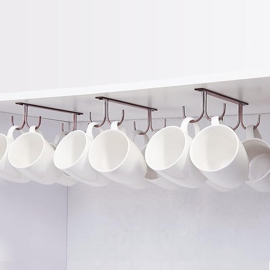 Mug Rack Under Cabinet - Coffee Cup Holder, 12 Mugs Hooks Under Shelf, Display Hanging Cups Drying Hook for Bar Kitchen Utensils Brown