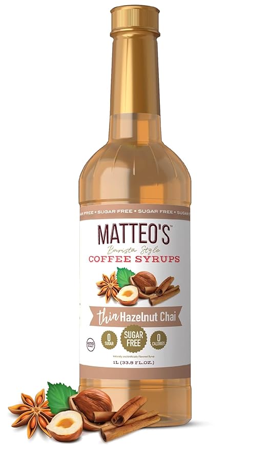 Matteo's Hazelnut Chai Syrup for Coffee, Lattes, Cappuccinos & Desserts – Sugar-Free Sweetener for Beverages, Keto Friendly, Zero Calories, Indulgent Flavor, Non-Alcoholic, 33.8oz (1pk)
