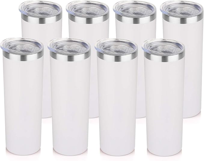 HASLE OUTFITTERS 20 oz Skinny Tumblers Bulk Set, Stainless Steel Insulated Slim Tumblers with Lids, Reusable Double Wall Travel Coffee Mugs, Durable Powder Coated Travel Water Cups(White, 8)
