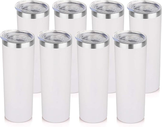 HASLE OUTFITTERS 20 oz Skinny Tumblers Bulk Set, Stainless Steel Insulated Slim Tumblers with Lids, Reusable Double Wall Travel Coffee Mugs, Durable Powder Coated Travel Water Cups(White, 8)