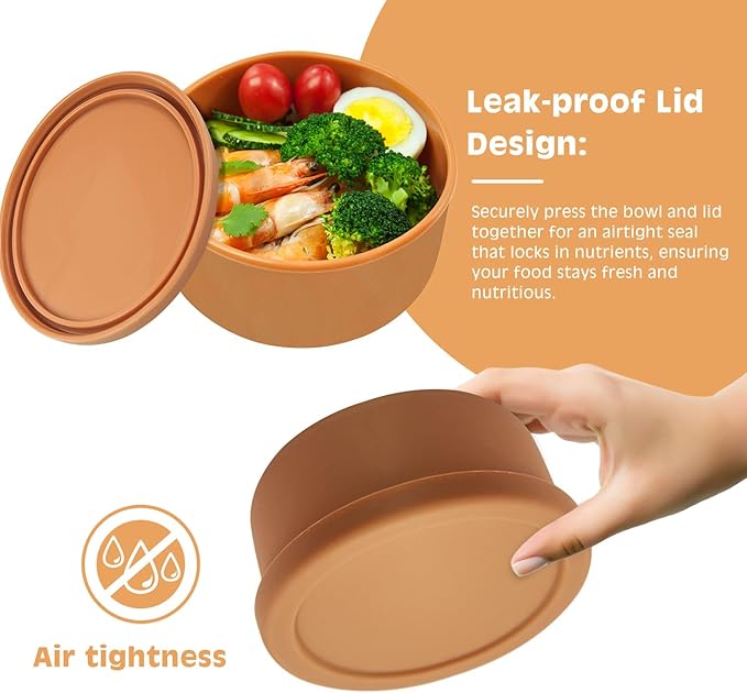 XU&PEIQI 24oz Covered Silicone Lunch Salad Bowl, Round Fruit & Snack Container, Perfect for Meal Prep & Leftovers, Soup & Stew Storage, Safe for Microwave, Fridge, Dishwasher, BPA-Free.(Brown)