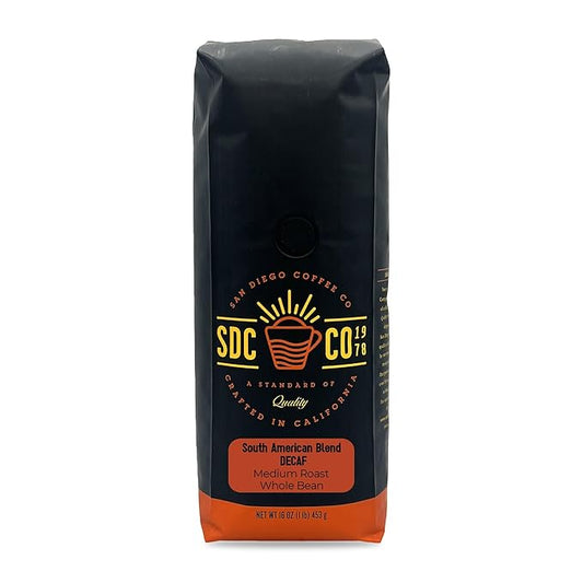 San Diego Coffee DECAF South American Blend, Medium Roast, Whole Bean Coffee, 16-Ounce Bag Café en grano tostado descafeinado