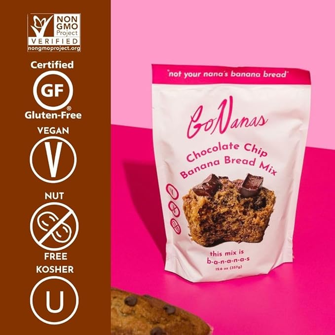 GoNanas Chocolate Chip Oat Flour Banana Bread Mix, Suitable for Plant Based Vegan Diets, Gluten Free Dairy Free Snacks, Healthy Snacks For Adults, Muffin Mix, Nut Free, Cupcakes Dessert, NON-GMO, 2pk