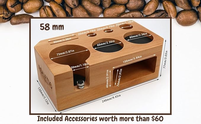 Espresso Tamping Station With Tools - 58mm - Includes Coffee Tamper, Distributor, Dosing Funnel & Brush - Wooden Coffee Tamper Station - Espresso Organizer & Portafilter Holder