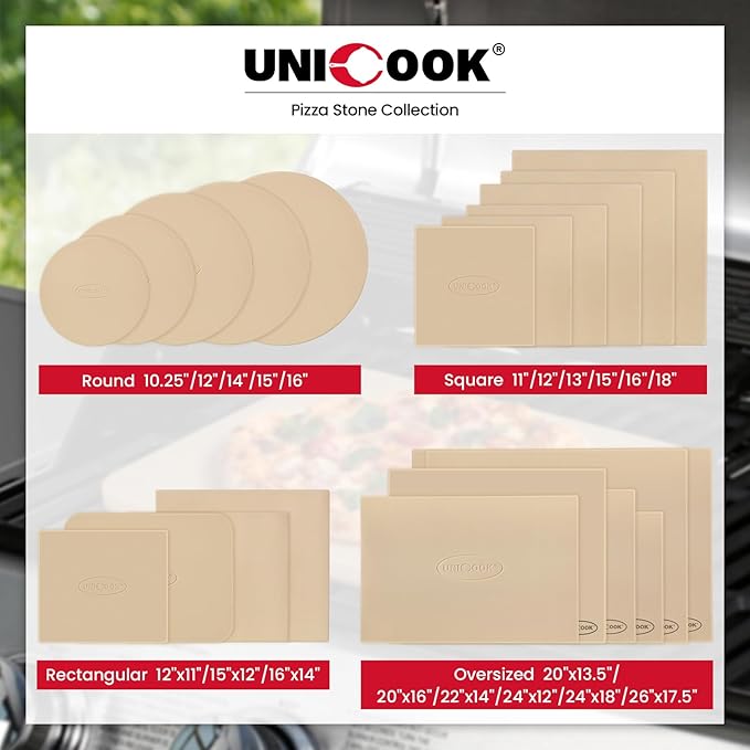 Unicook 2 PCS Pizza Stones Set, 15 x 12 Inch Rectangular Pizza Stone for Oven and Grill, Large Cordierite Cooking Pan for Baking and Grilling, Thermal Shock Resistant, Including Dough Scraper