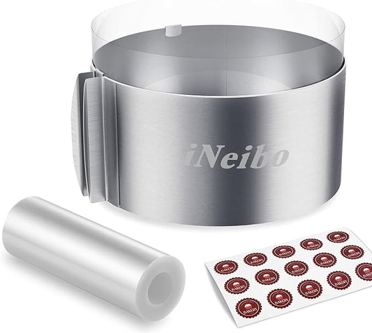 iNeibo Cake Ring and Cake Collar Set, 6 to 12 Inch Adjustable Cake Mousse Mould Set with 6inch Clear Cake Roll, Stainless Steel Pastry Ring, Mousse Ring, Ring Mold for Baking