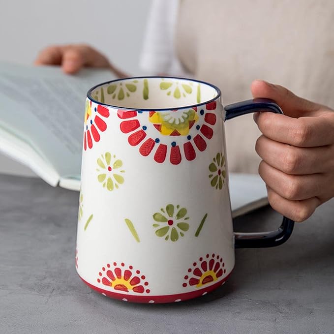 Large Ceramic Coffee Mug, 24 oz Big Tea Cup with Large Handle, Vintage Coffee Cup for Office and Home, Dishwasher and Microwave Safe (Multicolour)