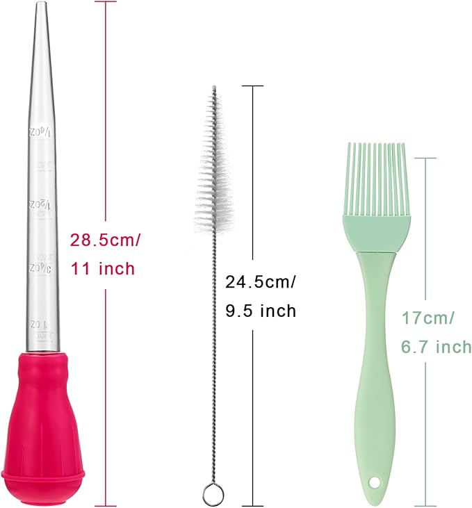 Nylon Heat-resistant Turkey Baster Cooking Set Includes Meat Baster, 1 Silicone Basting Brush and 2 Cleaning Brush for BBQ Grill Baking Kitchen Cooking (7 Pieces, Multicolor)