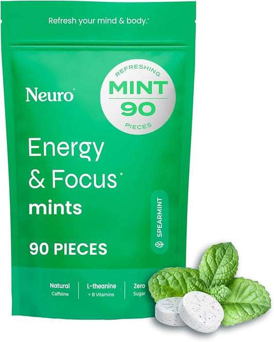 Neuro Energy & Focus Mints - Sugar Free Breath Mints with 80mg Natural Caffeine, B Vitamins & L-Theanine - Vegan Brain Supplement for Exercise, Study & Daily Focus - Spearmint, 90 ct