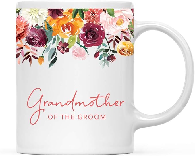 Andaz Press 11oz. Wedding Ceramic Coffee Tea Mug Gift, Fall Autumn Burgundy Orange Peach Flowers Roses Florals, Grandmother of the Groom, 1-Pack, Includes Gift Box