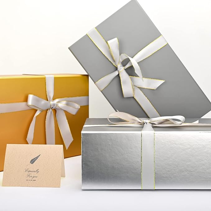 LIFELUM Gift Boxes with Lids, 1 Pack 13.8 x 8.3 x 4.4 inch Silver Gift Boxes with Ribbon, Card, Shredded Paper Filler for Presents, Graduation, Christmas, Birthdays