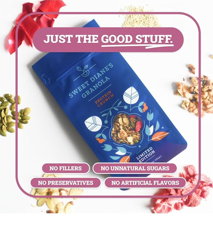 Sweet Diane’s Granola – Standard Size (12 oz): Organic, Low-Sugar, High-Fiber, Gluten-Free, Vegan, Delicious Breakfast and Snack Topper (Classic Size, Protein Crunch)
