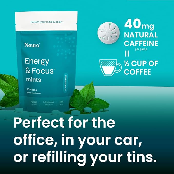 Neuro Energy & Focus Mints - Sugar Free Breath Mints with 80mg Natural Caffeine, B Vitamins & L-Theanine - Vegan Brain Supplement for Exercise, Study & Daily Focus - Wintergreen, 72 ct