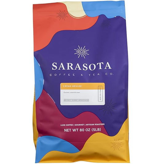 Sarasota Coffee Ground Creme Brulee | Medium Roast Gourmet Flavored Coffee Grounds | Low Acid, Mold Free, Specialty Grade Flavored Bulk Ground | 5lb (80 oz)
