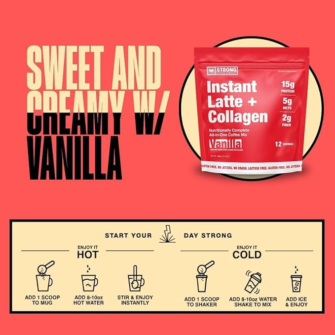 STRONG COFFEE COMPANY Instant Vanilla Latte Travel Pack - - 15g Protein, Instant Protein Coffee with Collagen, Adaptogens & Nootropics, No Crash, No Jitters, 7 Servings Bag