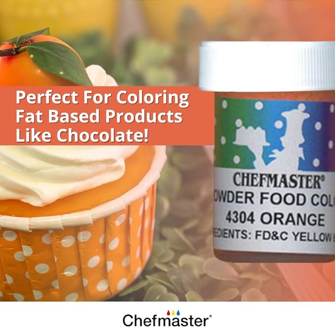 Chefmaster Orange Dry Powder Candy Color | Vibrant Shades | Chocolate, Macarons, Fondant | Decorating | Professional-Grade Dye | Easy-to-Use | Manufactured in USA | 3 grams