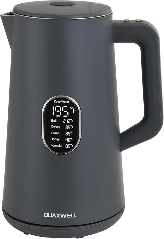 1.5L Electric Kettle Stainless Steel, Double Wall Cool Touch Teapot, Fast Boil,5 Temperature Control, LED Display, Auto Shut-Off, BPA-Free,Keep Warm Function, Ideal for Tea & Coffee,Gray