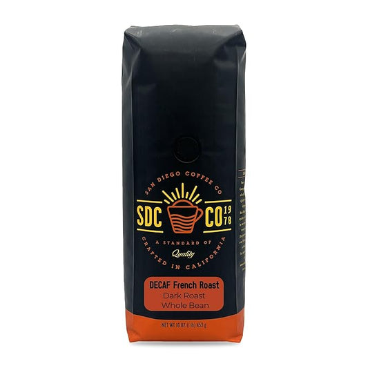 San Diego Coffee DECAF French Roast, Dark Roast, Whole Bean Coffee, 16-Ounce Bag Café en grano tostado descafeinado