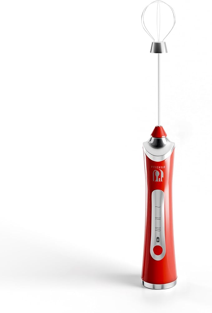 Rechargeable Handheld Milk Frother - Electric Foam Maker - Portable Coffee Frother Wand with 2 Heads - Stainless Steel Electric Whisk for Coffee, Latte, Cappuccino, Macchiato, Hot Chocolate (Red)