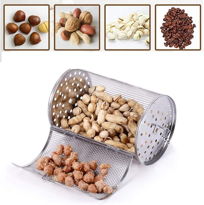 Falytemow Stainless Steel Rotisserie Grill Roaster Drum 12 X 23 cm Oven Basket Oven Roast Baking Rotary for Peanut Dried Nut Coffee Beans BBQ