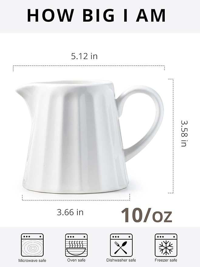 Ceramic Creamer Pitcher,Creamer Container with Handle, 10 OZ Small Milk Pitcher Milk Cup for Coffee, Sauces, Salad, White