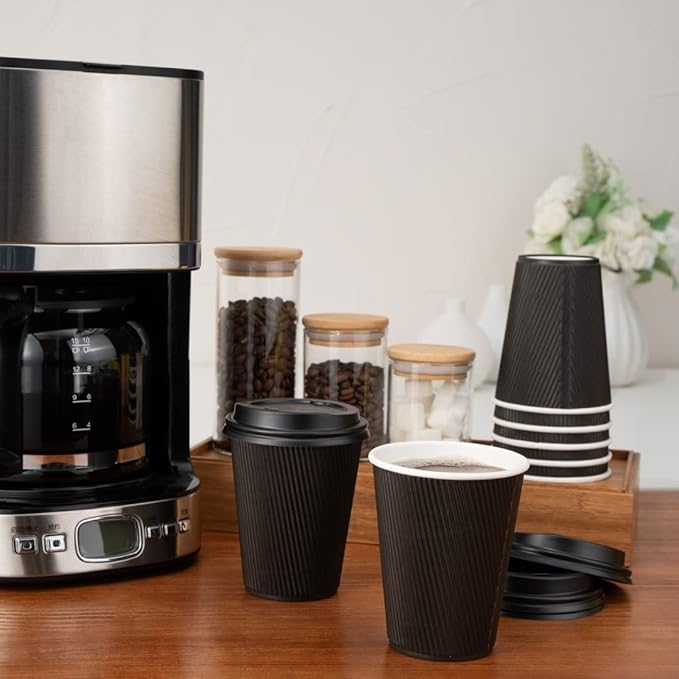 Restaurantware 8 Ounce Disposable Cups Pack of 25 Double Wall Hot Cups–Lids Sold Separately, Designed with a Rippled Wall and Black Paper Insulation, Ideal for Coffee, Hot Chocolate, and Tea