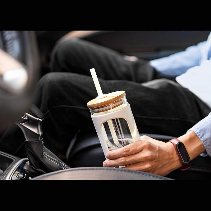 Kodrine 20oz Glass Tumbler with Straw and Lid, Bamboo Lids Water Bottle, Reusable Iced Coffee Cups, Wide Mouth Smoothie Cup with Protective Silicone Sleeve BPA FREE-Amber-2pack