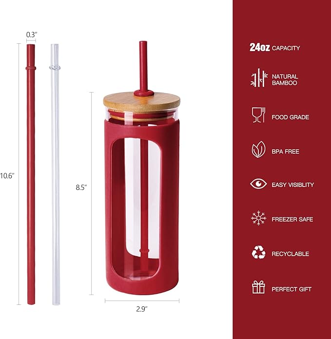 Kodrine 20oz Glass Tumbler with Straw and Lid, Iced Coffee Cups with Bamboo Lids, Glass Cups for Cold Drinks, Smoothie Cup with Silicone Sleeve for Travel, Work, BPA FREE-Barbados Cherry