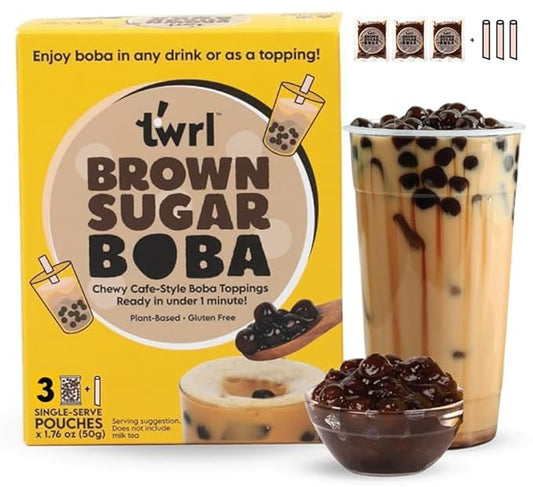 Twrl Brown Sugar Boba Bubble Tea Topping - Taiwanese Boba Pearls, Cafe-Style Tapioca Topping, Instant - Perfect for Milk Tea and Coffee, Gluten-Free, Plant-Based - Pack of 3 Single Servings & 3 Boba Straws