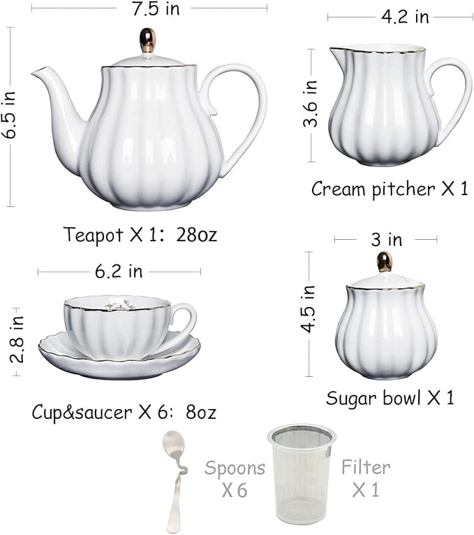 Porcelain Tea Sets British Royal Series, 8 OZ Cups& Saucer Service for 6, with Teapot Sugar Bowl Cream Pitcher Teaspoons and Tea Strainer, Suitable for High Tea, Wedding, Party (Violet)