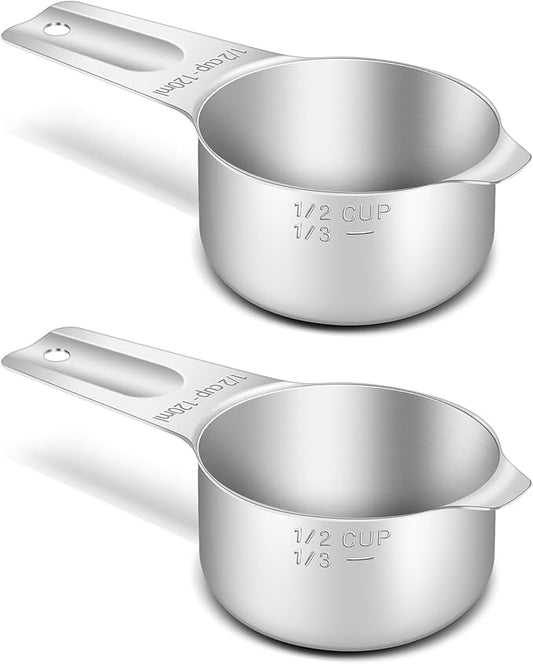 2PCS 1/2Cup (120ml, 4oz) Single Measuring Cup, Stainless Steel Measure Scoop, Metric and US Measurement, Heavy Duty, Dishwasher Safe