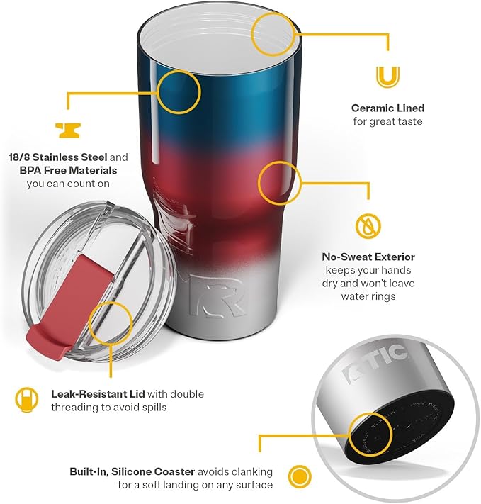 RTIC 30oz Essential Tumbler with Lid, Ceramic Lined, Insulated, Stainless Steel, Metal, Double Wall Vacuum-Insulation, Travel Cup for Iced Coffee, Tea, Hot and Cold Drink, Patriot Metallic