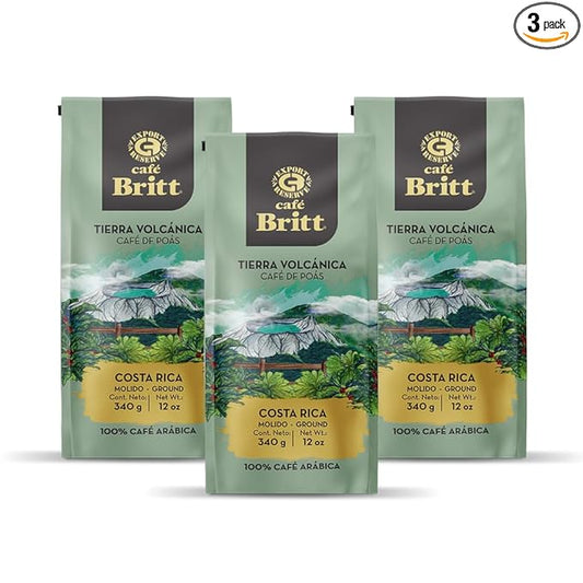 Café Britt® - Costa Rican Poas Tierra Volcanica Coffee (12 oz.) (3-Pack) - Whole Bean, Arabica Coffee, Kosher, Gluten Free, 100% Gourmet & Medium Light Roast