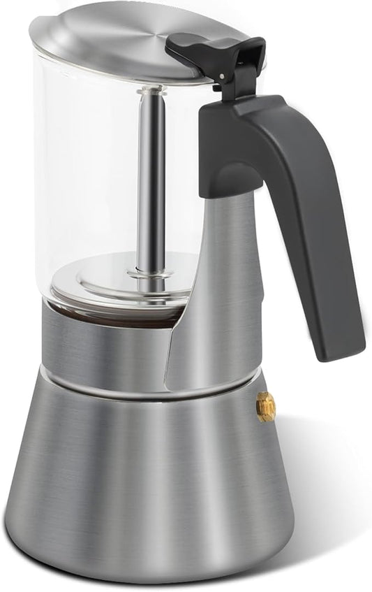 Grasseed Stainless Steel Moka Pot, Crystal Glass-top Coffee Maker Mocha Pot, Italian Stovetop Espresso Maker for Coffee - 6 Cup/240ml