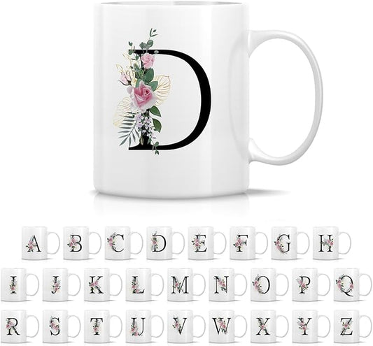 Retreez Initial A-Z Floral Botanical Bouquet Alphabet Monogrammed Monogram Mug 11 Oz Ceramic Tea Coffee Mugs - Appreciation Thank You Wedding Birthday Gifts for her friend coworker sister - D Initial